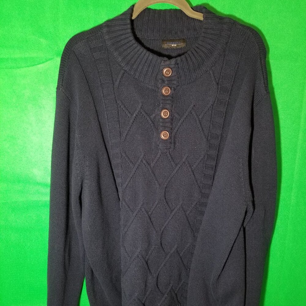 Gioberti Mens Large 1/4 Shawl Collar Navy Blue Cable‎ Knit Sweater Button Preppy